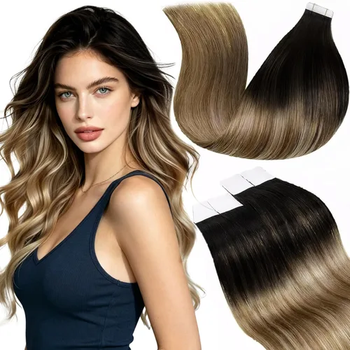Miniatura 15 de LaaVoo Extensiones adhesivas de cabello humano real, color negro azabache, extensiones de cabello humano liso y sedoso, 10 pulgadas, 20