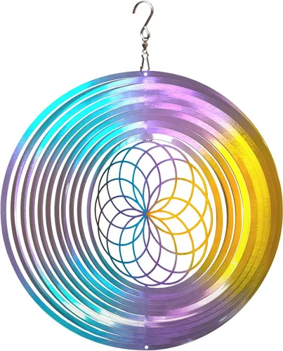 Molinillo de viento Mandala Flower of Life de 12 pulgadas, acero inoxidable 3D cortado con láser, arte de metal, patrón geométrico que vale la pena