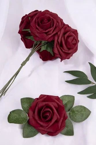 Miniatura 239 de N&T NIETING Flores artificiales, rosas artificiales de color rosa intenso, 50 piezas de flores falsas con tallo para ramos de boda DIY, centros