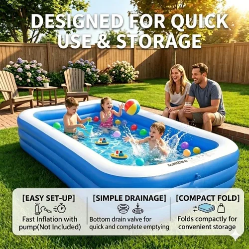 Miniatura 4 de Sumbee Piscina inflable para niños de 4 a 8 a 12 años y adultos, 120 x 72 x 22 pulgadas con PVC grueso, 306 galones, piscina rectangular grande