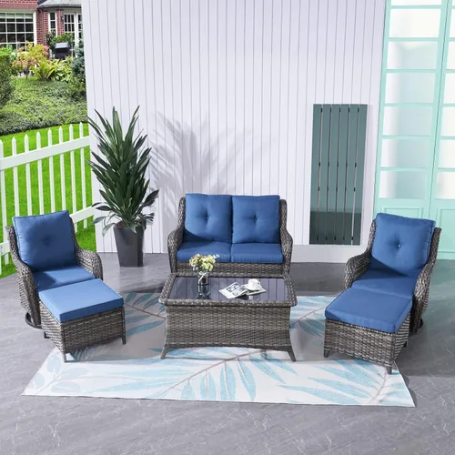 Miniatura 112 de HUMMUH Sillas Mecedoras Giratorias de Mimbre para Patio Exterior con Respaldo Alto, Sillas Deslizantes de Ratán PE, Juego de Muebles de Patio de 4