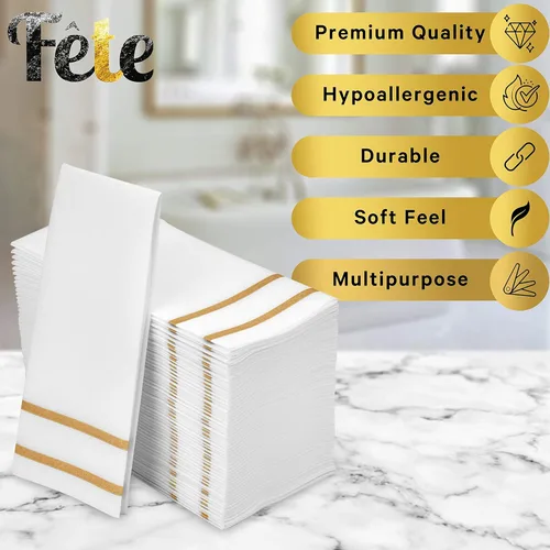 Miniatura 4 de Toallas de mano desechables para baño, diseño dorado 200 toallas desechables con tacto de lino para invitados – Servilletas formales para cena