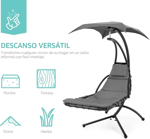 Miniatura 6 de Best Choice Products Silla colgante curva de acero para exterior, silla de descanso tipo chaise lounge con cojín integrado y toldo extraíble - Gris