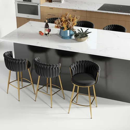 Miniatura 23 de ABET Taburete de Bar Dorado 1UN, Taburetes Giratorios de Terciopelo, Taburetes de Altura Ajustable con Respaldo Tejido, Taburetes de Cocina Modernos