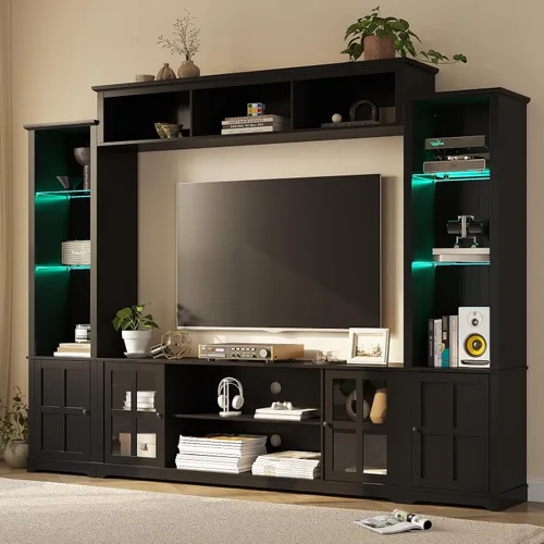 Miniatura 11 de MEISSALIVVE Mueble de pared con almacenamiento y luces LED, gran centro de entretenimiento con estanterías para televisores de hasta 70 pulgadas