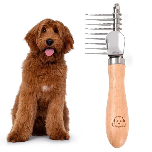 Miniatura 10 de Peine de desenredar para mascotas para perros y gatos con mango de madera, rastrillo de subpelo para perros con cuchillas de acero inoxidable, peine