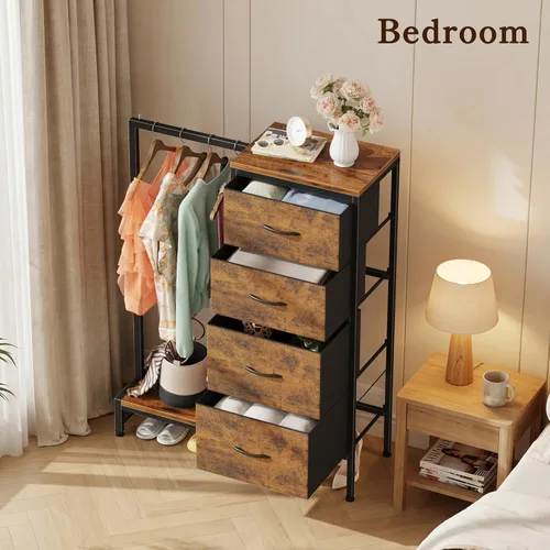 Miniatura 6 de HIGDBFE Cómoda con estante para colgar, armario pequeño de 4 cajones para dormitorio, cómoda de tela reversible para niños con perchero, torre