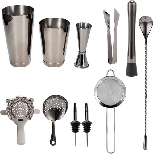 Juego de coctelera de 11 piezas, kit de barman de acero inoxidable, kit de camarero para fiestas en casa y utensilios de bar (negro)