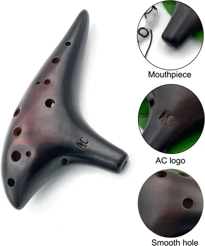 Miniatura 4 de Ocarina de 12 agujeros Alto C de paja, cerámica ahumada, piccolo, instrumento musical para adultos con libro de canciones y bolsa para el cuello