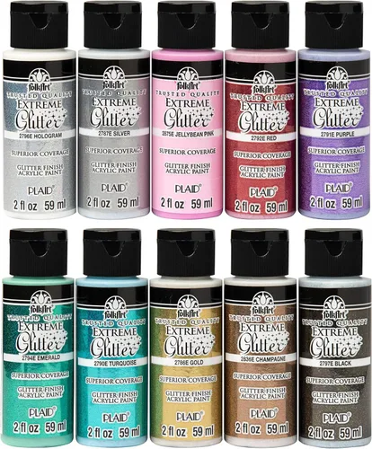 FolkArt Extreme Glitter - Juego de pintura acrílica para manualidades formulada para ser no tóxica y diseñada para principiantes y artistas, diez