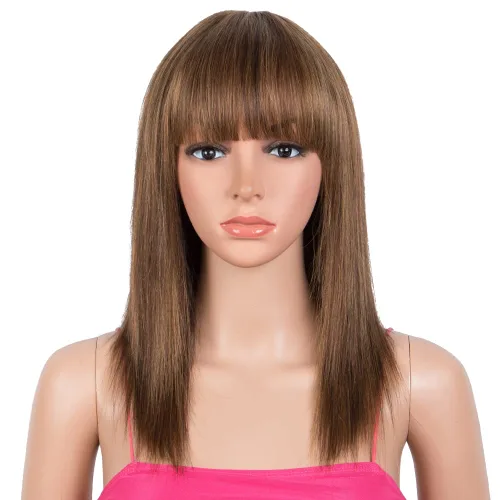 Miniatura 6 de Rebecca Fashion Pelucas lacias de 14 pulgadas con flequillo, pelucas de cabello humano para mujeres negras, sin encaje frontal, pelucas de cabello