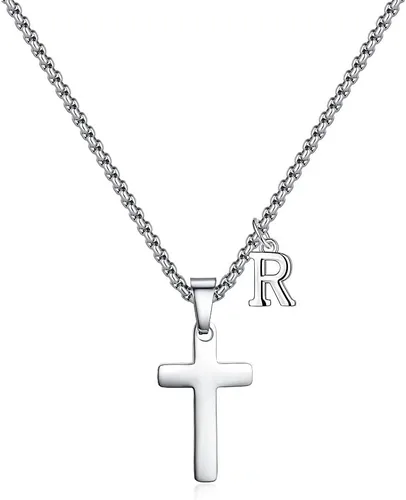 Collar de cruz con inicial para niños y hombres, de acero inoxidable, dije de cruz con letra inicial, joyería para primera comunión, regalos de