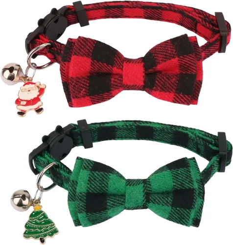 Miniatura 17 de PTDECOR Paquete de 2 Collares de Navidad para Gatos, Collar a Cuadros con Cascabel de Moño Extraíble, Collares de Navidad con Moño a Cuadros de Arco