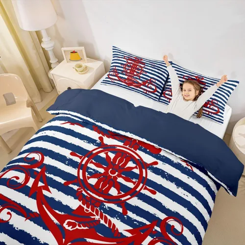 Miniatura 8 de Erosebridal Funda de edredón de ancla náutica, juego de ropa de cama con brújula oceánica, tamaño individual para niños, adolescentes, adultos