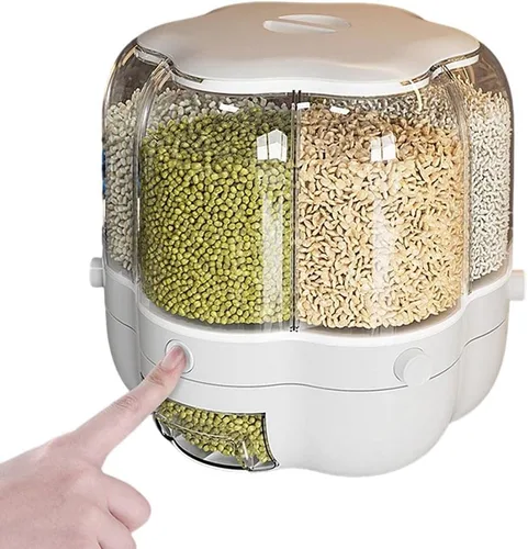 Enfudid Contenedor de almacenamiento de granos para alimentos, dispensador de arroz de 6 rejillas de gran capacidad, caja de almacenamiento de
