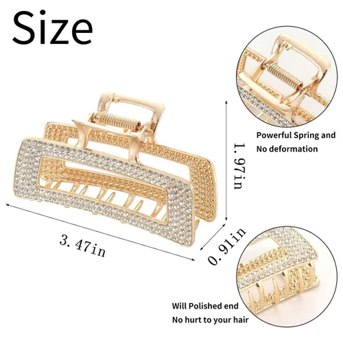 Miniatura 2 de WORTL Pinzas grandes de metal cuadradas de 3.5 pulgadas, paquete de 4 abrazaderas de pelo de diamantes de imitación para mujeres y más delgadas