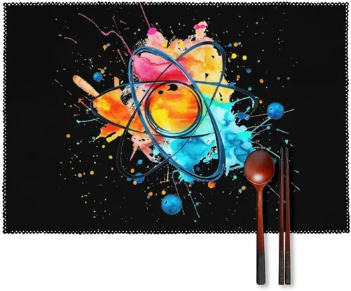 Atom Symbol Watercolor Placemats Set of 6 Resistant Table Mats Washable Place Mats for Dinner Party Table Decoration