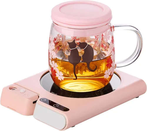 Miniatura 10 de Calentador de tazas con apagado automático de 4 horas, 3 ajustes de temperatura, calentador eléctrico rectangular negro esmerilado, panel de vidrio