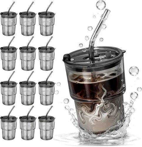 Miniatura 13 de Paquete de 2 vasos de vidrio con tapa y pajita de 13 onzas, lindo juego de tazas de café helado a granel, batido, jugo, matcha, té, capuchino, agua