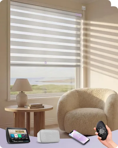Miniatura 12 de Graywind Persianas motorizadas de cebra para ventanas, persianas inteligentes 100 % opacas con control remoto, persianas de cebra personalizadas