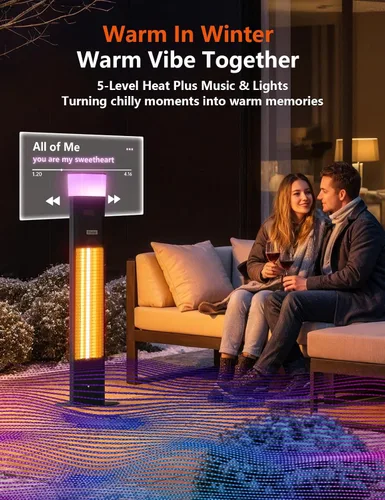 Miniatura 3 de Calentador eléctrico para patio al aire libre, calentador 3 en 1 con altavoz de audio y luz RGB, torre infrarroja de 1500 W, 43 pulgadas, IP65 a