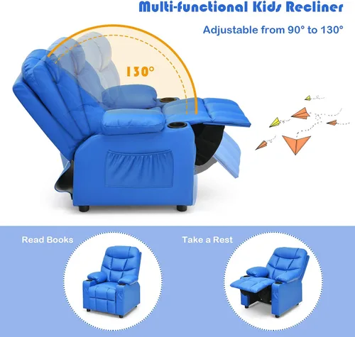 Miniatura 5 de Costzon Silla Reclinable para Niños con Portavasos, Silla de Salón de Cuero Ajustable con Reposapiés y Bolsillos Laterales para Habitación de Niños