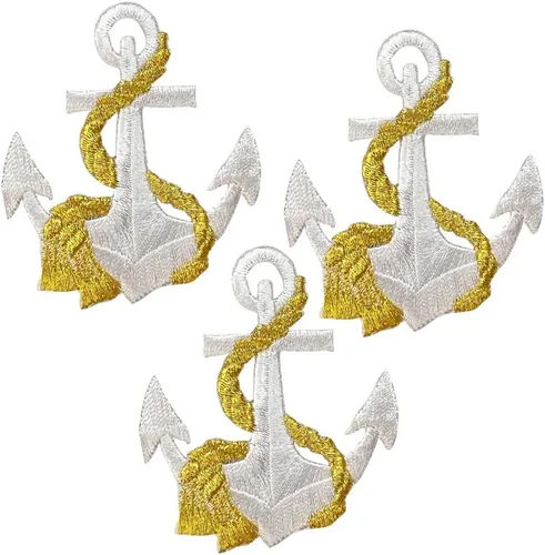 Miniatura 9 de Ancla, náutico, marinero, bordado, parche para planchar (ancla dorada, cuerda plateada)