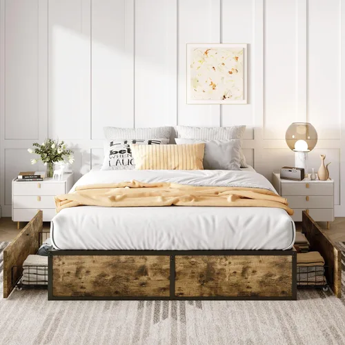 Miniatura 9 de SHA CERLIN Base de cama de plataforma Queen con 2 cajones de almacenamiento grandes, madera rústica y metal, sin ruido, fácil montaje, no necesita