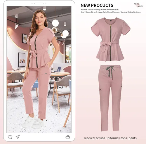 Miniatura 5 de niaahinn Conjunto de ropa quirúrgica para mujer, uniforme médico, camiseta y pantalones con cremallera y cordón, ropa de trabajo dental