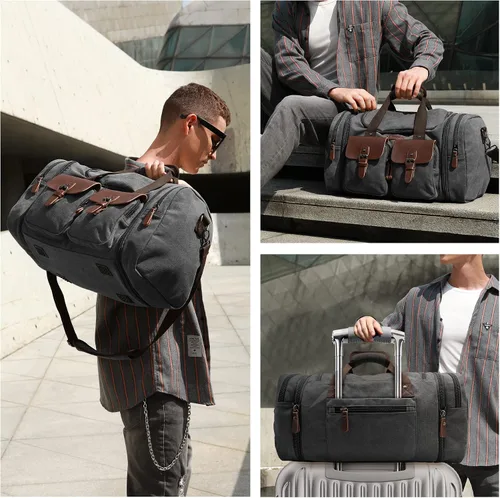 Miniatura 2 de Wildroad Bolsa de lona de viaje de 50 litros, bolsa de lona expandible de cuero genuino mejorada para el fin de semana durante la noche, Negro