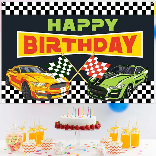 Miniatura 6 de RaceCar - Cartel de feliz cumpleaños de carreras de autos de carreras, decoración temática deportiva, decoración para interiores y exteriores