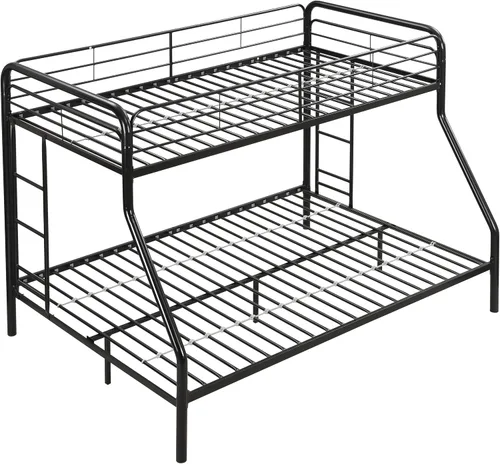 Litera individual sobre matrimonial, litera de metal con escaleras, protector de seguridad, sin ruido para dormitorio pequeño, color negro