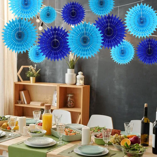 Miniatura 6 de 12 Piezas Abanicos de Papel Azul Decoraciones de Fiesta Decoraciones de Flores de Papel de Seda para Niña Cumpleaños Groovy Baby Shower Boda