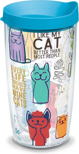 Taza de viaje Tervis con frases de gatos hecha en Estados Unidos de doble pared aislada mantiene las bebidas frías y calientes, 16 onzas, Clásico
