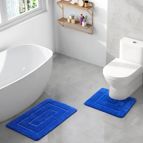 Miniatura 2 de WPM - Juego de alfombras de baño, toallas y cortina de ducha, juego de alfombras de baño con estampado de enrejado de color azul real
