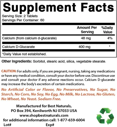 Miniatura 2 de Best Naturals D-glucarato de calcio 200 mg 120 comprimidos