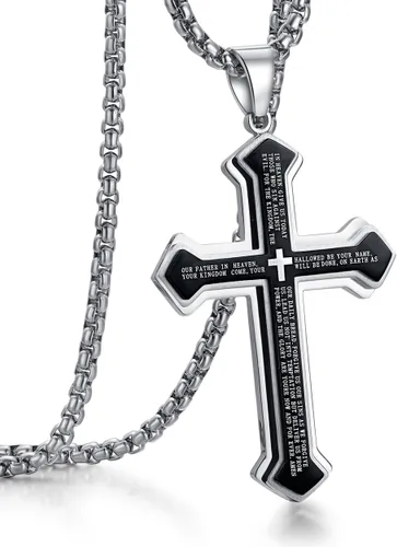 Rehoboth Collar con colgante de cruz de oración del señor de acero inoxidable para hombre y mujer, colgante grande y cadena fuerte, 24 pulgadas
