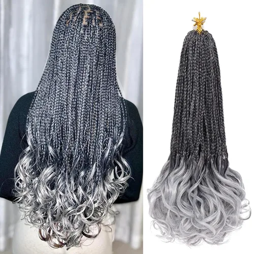 Miniatura 9 de Trenzas de ganchillo rizadas francesas de 22 pulgadas, 8 paquetes, trenzas de caja diosa grises para mujeres, de ganchillo pre-trenzadas con Trenzas