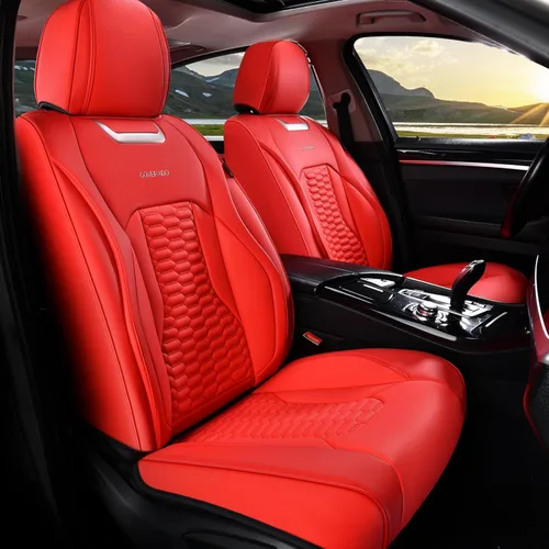 Miniatura 40 de Coverado Juego completo de fundas de asiento de automóvil, fundas rojas para asientos delanteros y traseros, de piel de napa impermeable, cojín