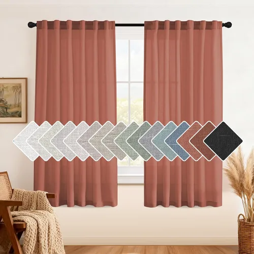 Miniatura 33 de H.VERSAILTEX Cortinas de lino natural de 63 pulgadas de largo para sala de estar, 2 paneles con trabillas traseras y bolsillo, texturizadas