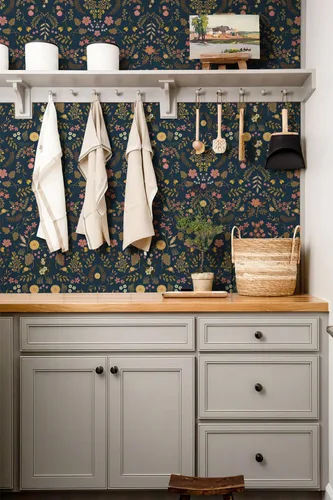 Miniatura 5 de Simon&Siff Papel Tapiz Floral Despegar y Pegar Azul Marino Bohemio Papel de Pared 60" x 17.3" Azul Oscuro Flores Florecientes Flores Silvestres