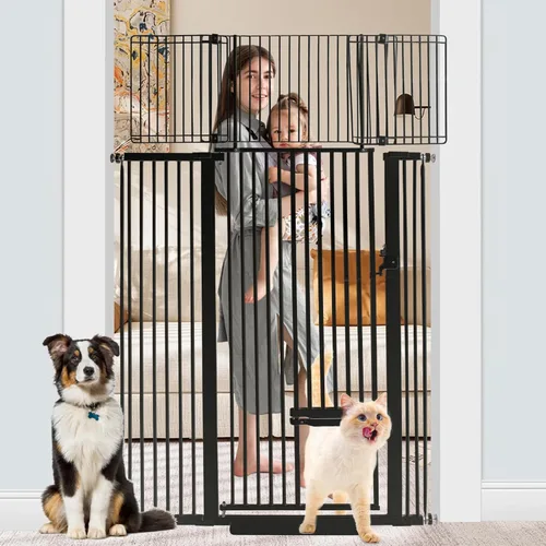 SHYUJAJIE Puerta para mascotas extra alta de 71 pulgadas con puerta pequeña para gatos, puerta ancha ajustable de 29.55 a 46.06 pulgadas, puertas