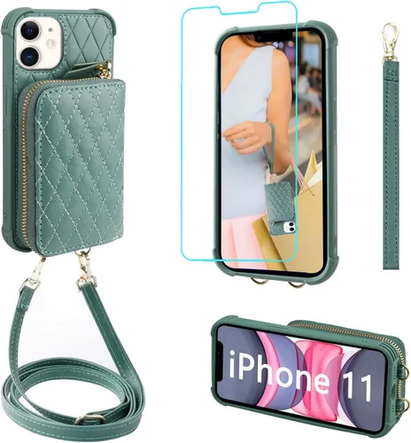 MONASAY Funda tipo cartera con cremallera para iPhone 11, protector de pantalla de cristal, bloqueo RFID, funda de cuero con tarjetero y correa