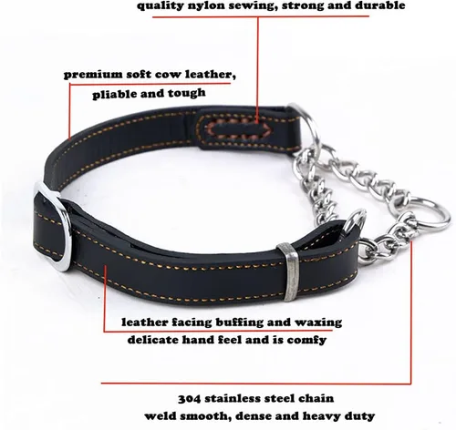 Miniatura 2 de Love Dream Martingale - Collar de cuero para perros de entrenamiento, cadena de acero inoxidable antiescape, sin tirones, para perros pequeños, Negro