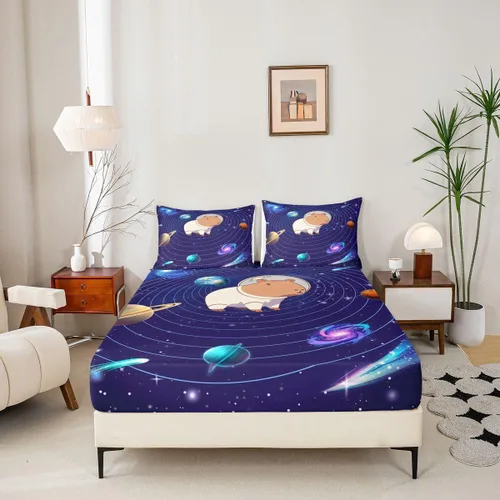 Miniatura 5 de Erosebridal Lindas sábanas de Capybara para niños y niñas, diseño de universo azul, con temática del espacio exterior, juego de cama de Capybara
