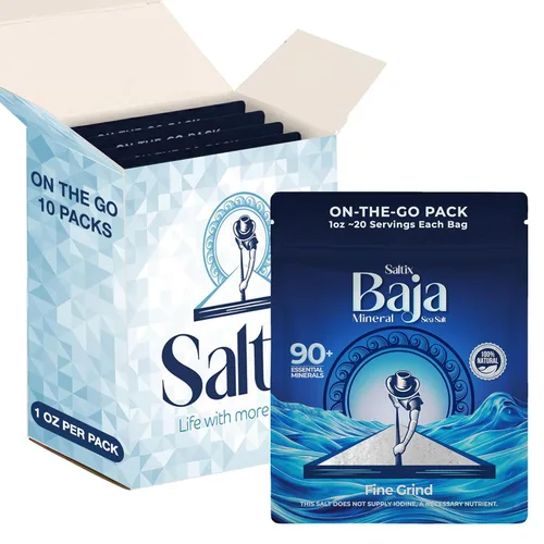 Saltix Baja Mineral - Sal marina fina On-The-Go 10 paquetes de bolsa resellable (1 onza ~ 20 porciones cada una) 100% natural, sin refinar,