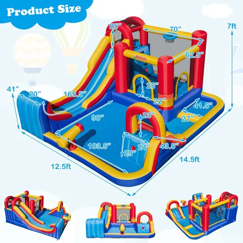 Miniatura 7 de OLAKIDS Tobogán acuático inflable, parque acuático 8 en 1 con 2 toboganes, pared de escalada, pistola de agua, borde de baloncesto, carrera