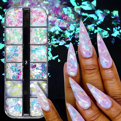 JMEOWIO - Arte de uñas holográfico de sirena con purpurina iridiscente en copos iridiscentes, 12 rejillas, degradado, brillante, escoria de hielo,