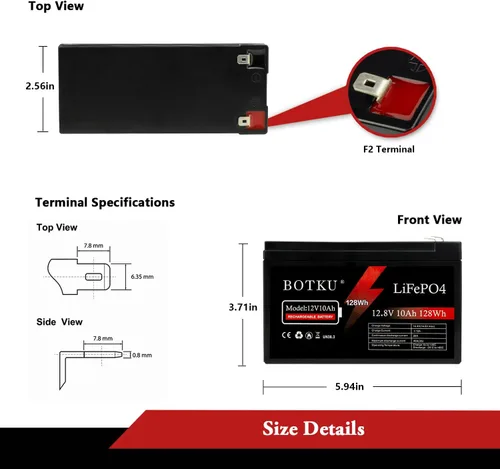 Miniatura 2 de Batería de litio LiFePO4 de 12 V y 10 Ah de ciclo profundo, batería recargable de fosfato de hierro y litio de 3000+ ciclos con BMS de 10 A