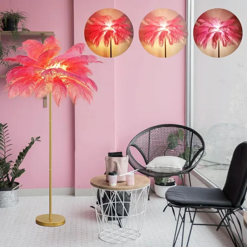 Miniatura 6 de Lámpara de pie de avestruz natural moderna para sala de estar, lámpara de pie LED con interruptor de pie, acabado dorado, elegante pantalla de Azul